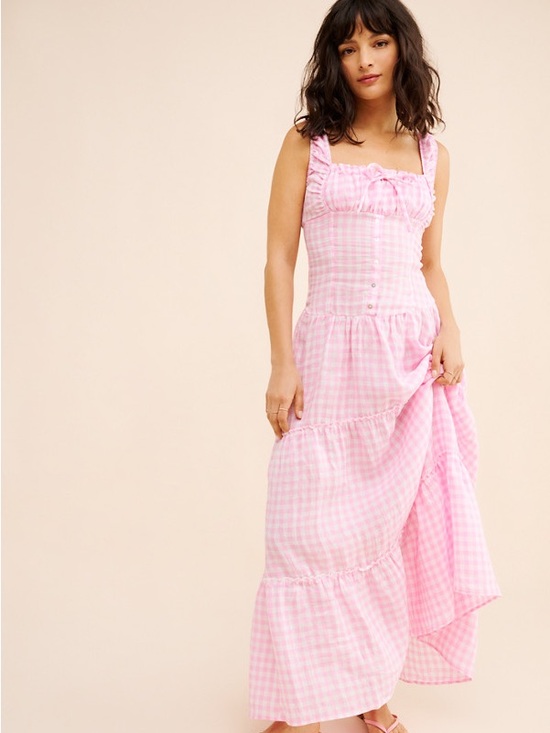 Frankie's Bikinis Dresses & Skirts - Frankie's Bikinis Christabelle Ruffle Pink Gingham Smocked Maxi Dress